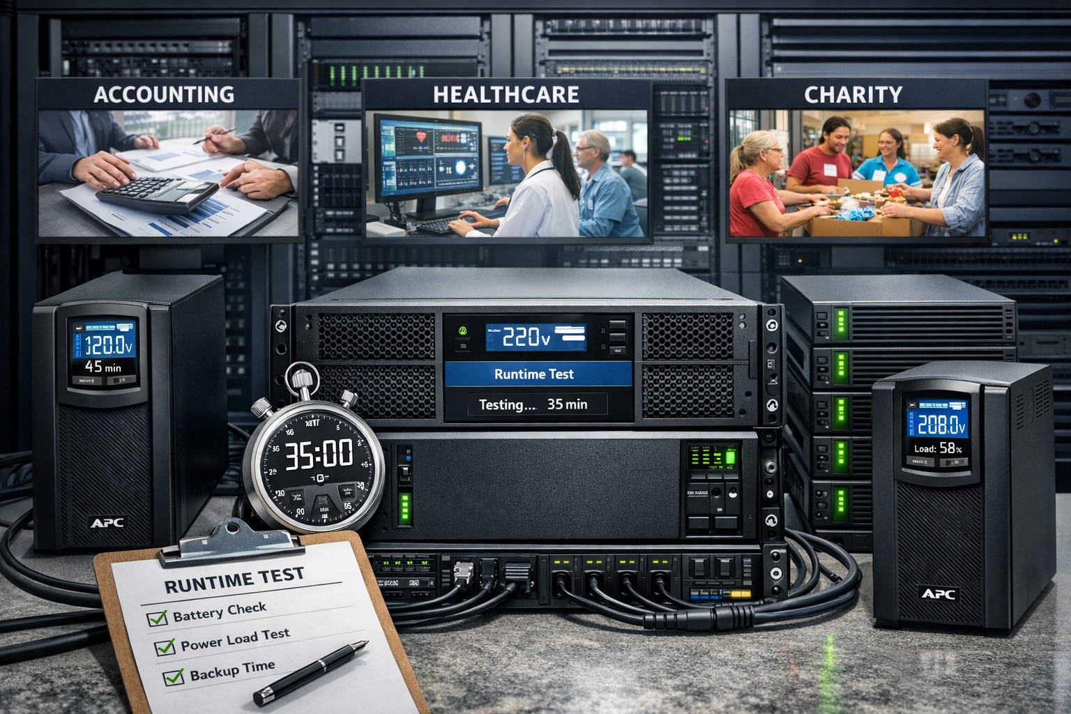 UPS battery backup systems protecting servers from power outages in disaster scenarios