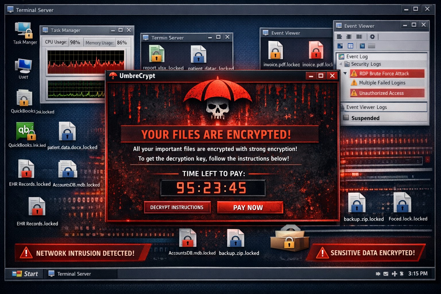 UmbreCrypt ransomware encrypting files on Terminal Server RDP—MSP prevention strategies for secure networks.