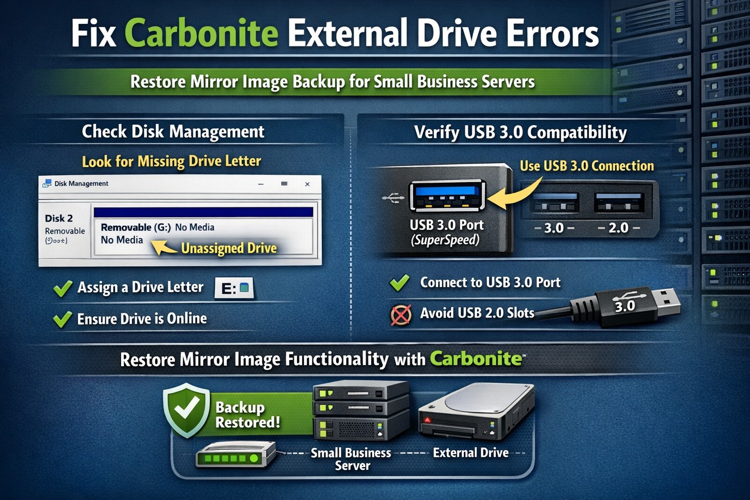 Screenshot fixing Carbonite backup external drive errors by assigning drive letter in Disk Management for Mirror Image backup