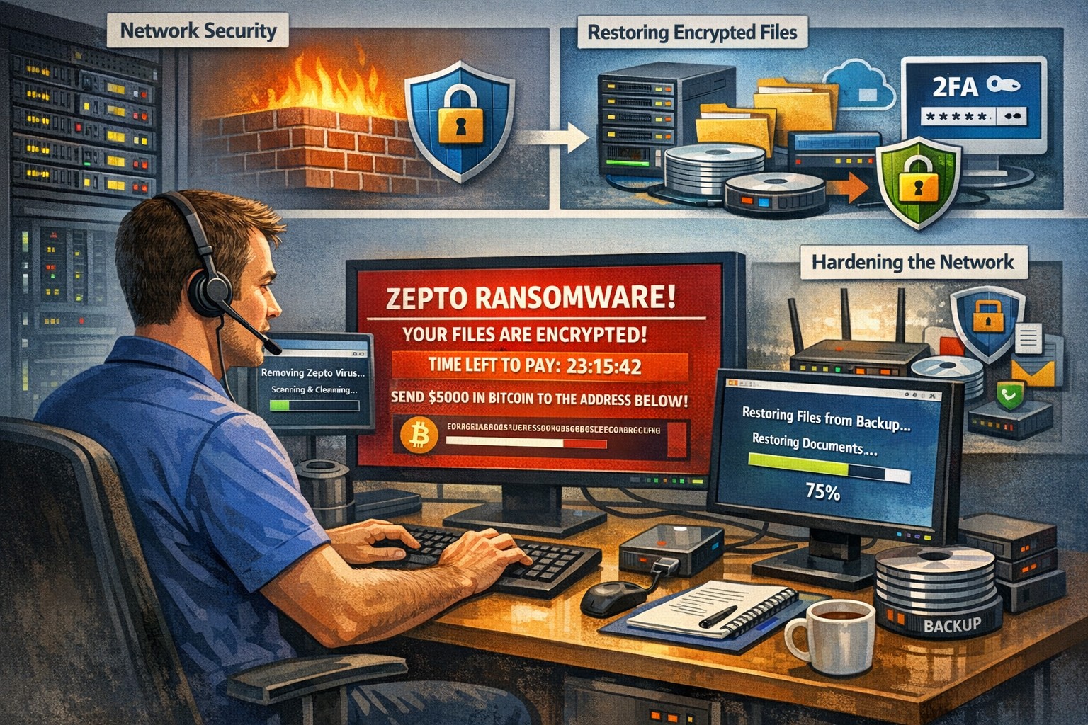 IT technician removing Zepto ransomware crypto malware from infected business computer