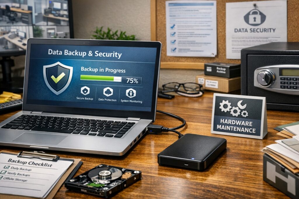External hard drive connected to a laptop illustrating small business data backup and storage best practices.
