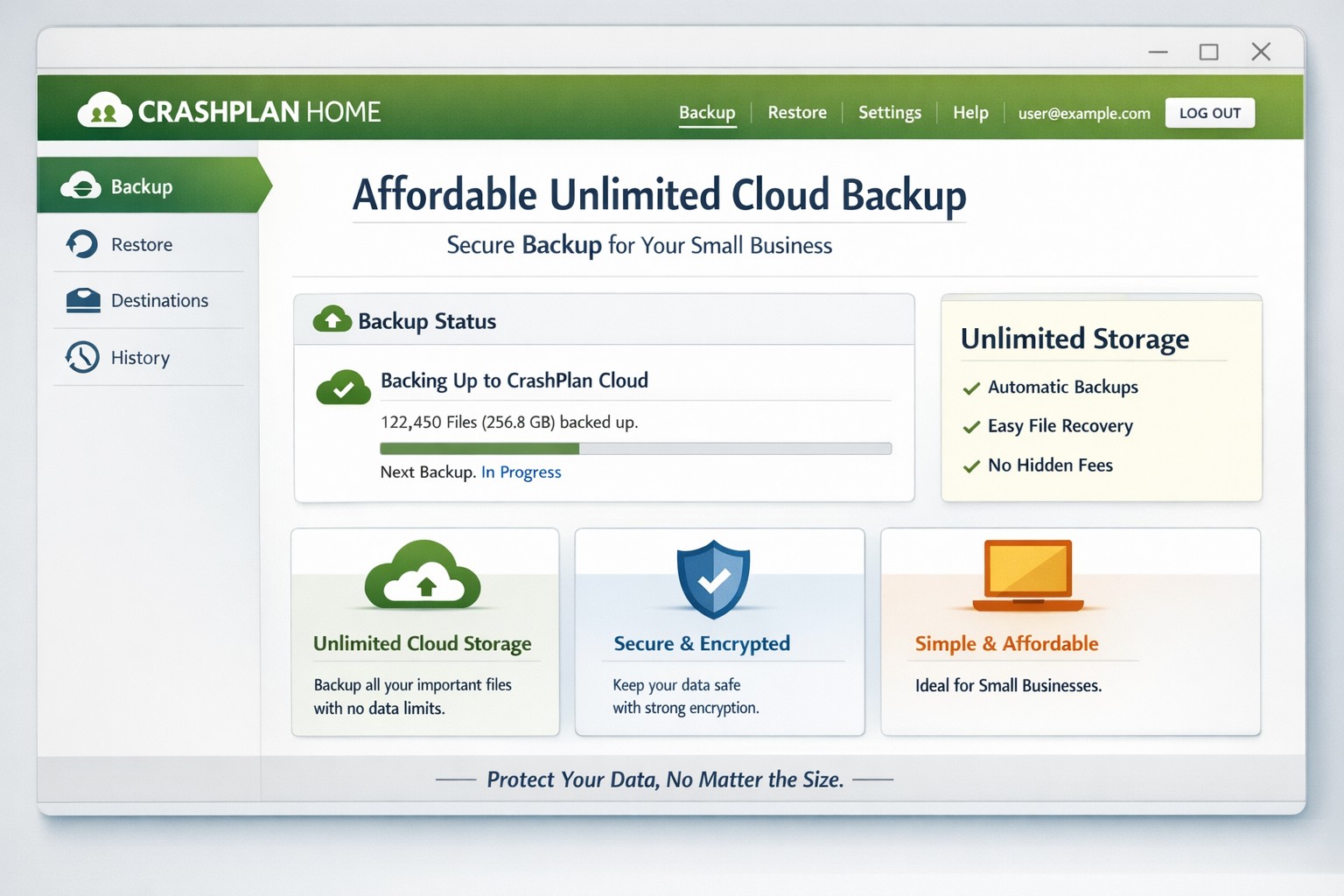 Secure CrashPlan Home online backup for small business data protection and unlimited cloud storage