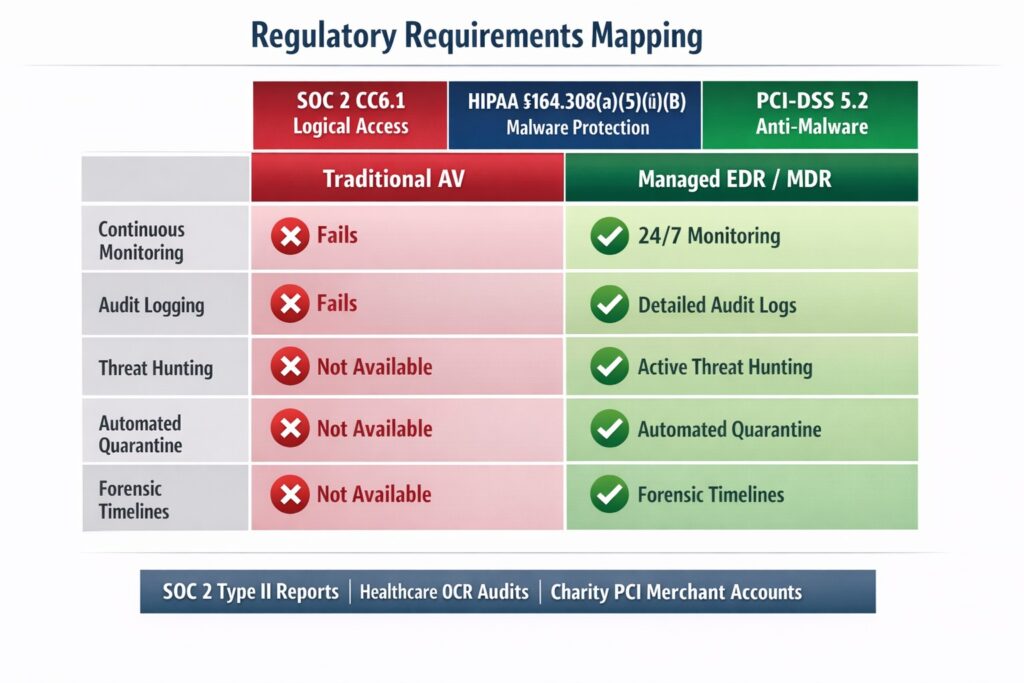 SOC2 HIPAA PCI-DSS managed antivirus vs traditional AV compliance requirements matrix