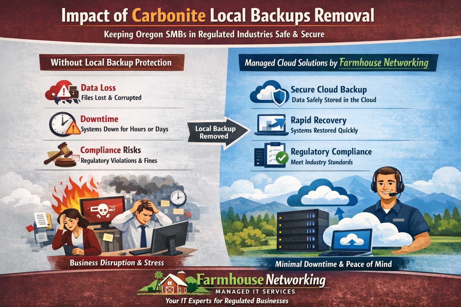 Illustration of Carbonite removing local backups, showing cloud migration options for Estacada Oregon IT services