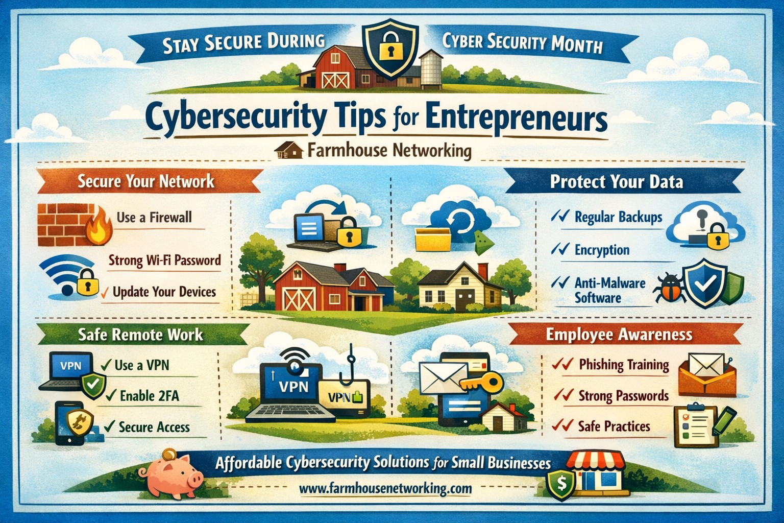 Entrepreneur implementing cybersecurity tips for small business during Cyber Security Month ransomware protection