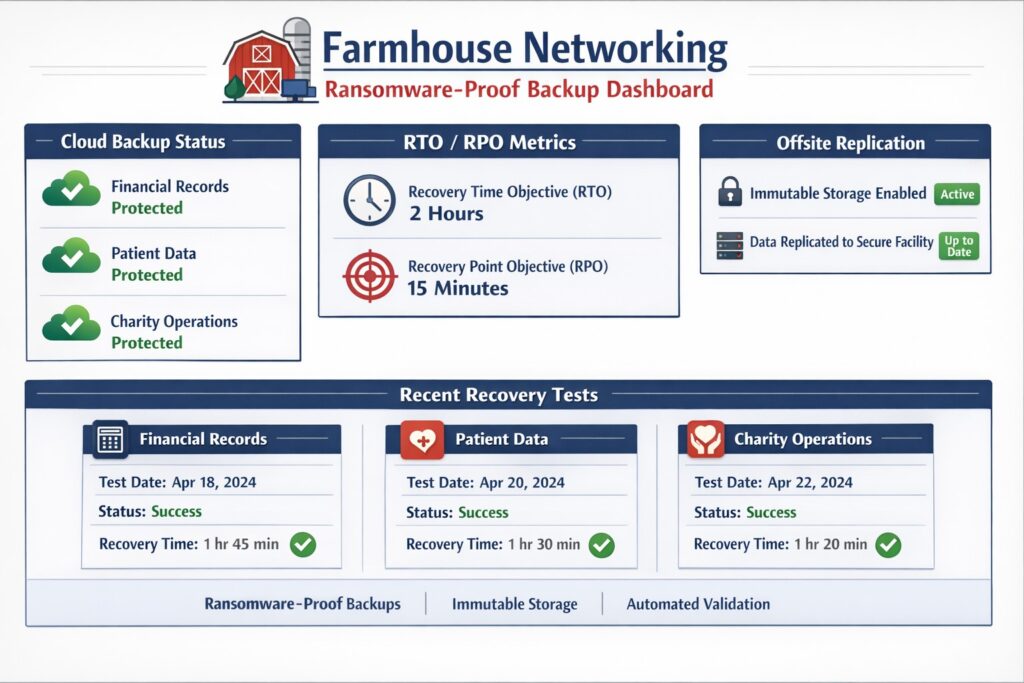 Cloud backup disaster recovery dashboard RTO RPO monitoring for accounting healthcare charity business continuity