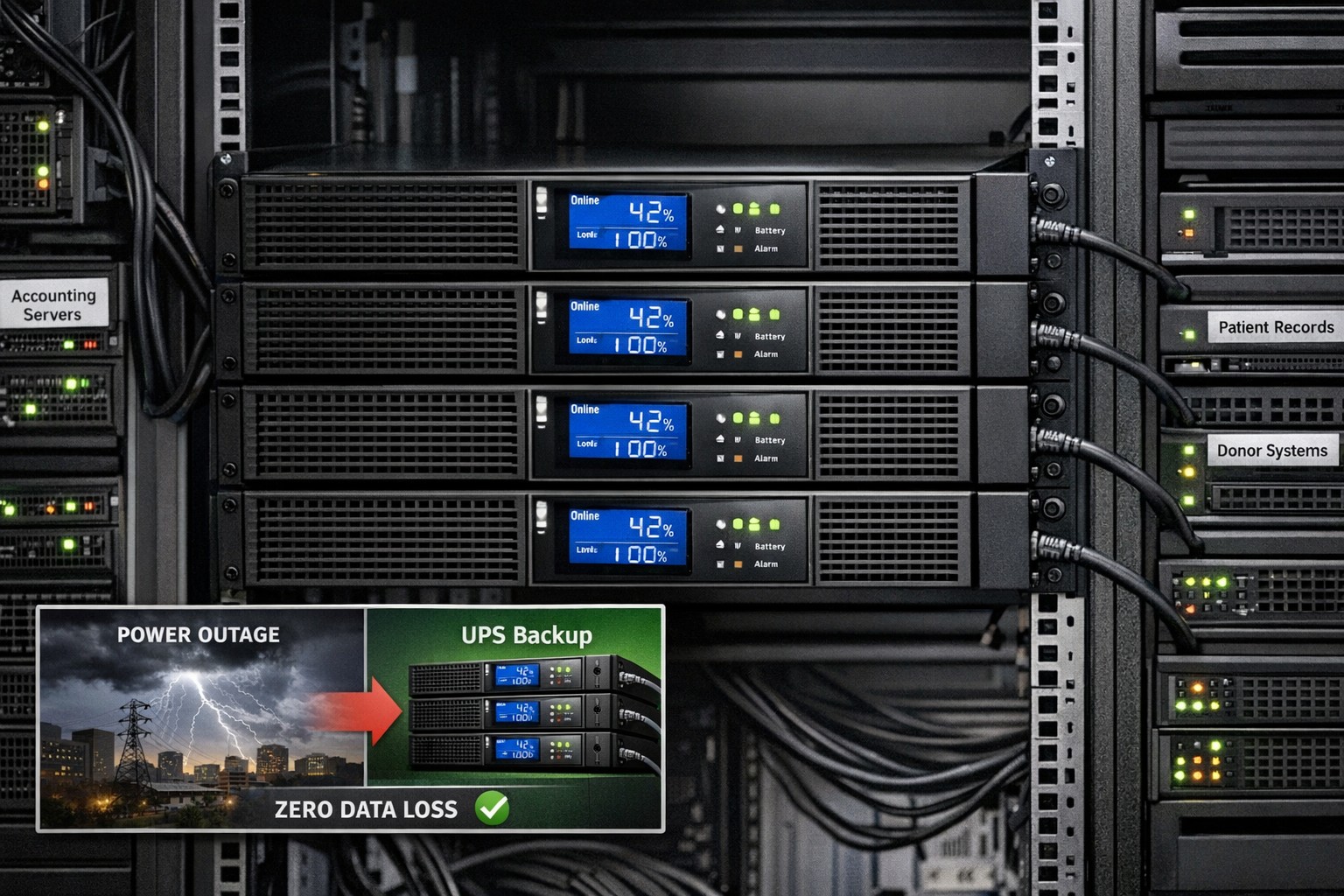 Server room UPS systems protecting small business during power outage automatic backup