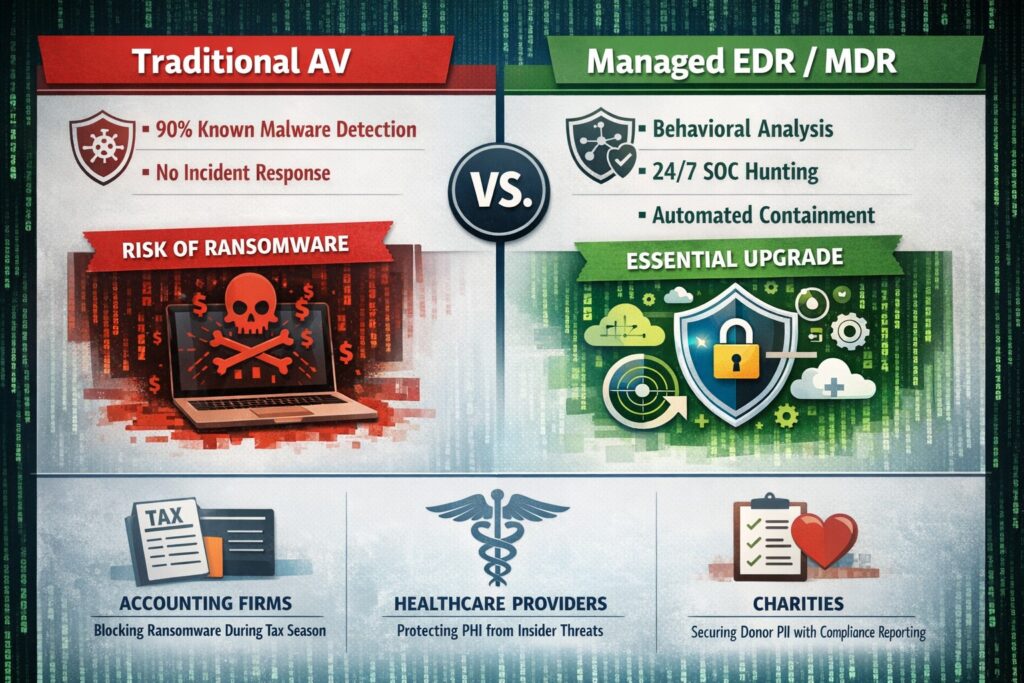 Managed EDR MDR vs traditional antivirus comparison detection response coverage