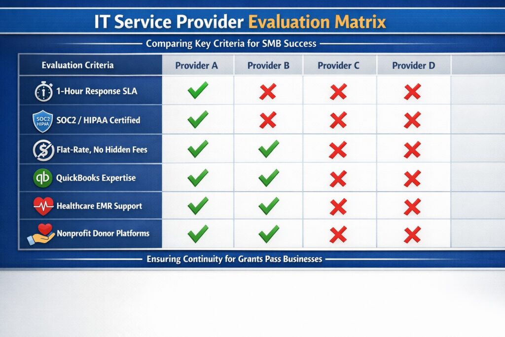Comparison chart evaluating managed IT providers by response time cybersecurity local expertise