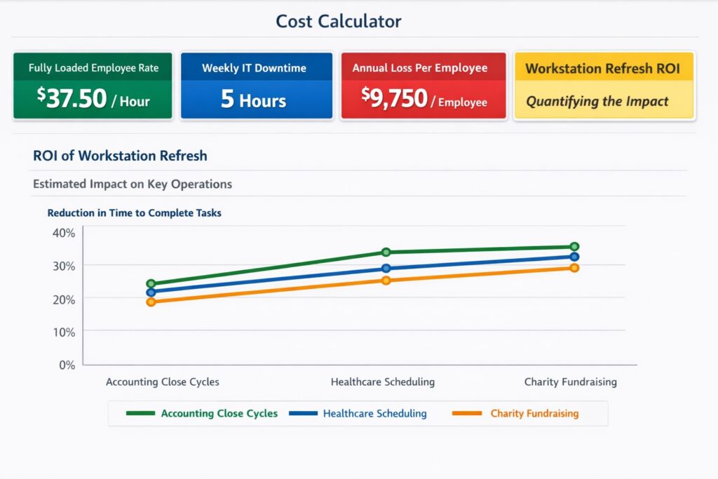 Calculator showing employee hourly cost $37+ lost to slow computers printer issues for accounting healthcare charity productivity optimization
