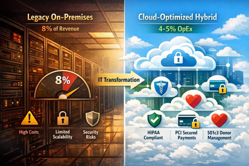 Legacy IT vs modernized cloud infrastructure showing 30-40% cost optimization