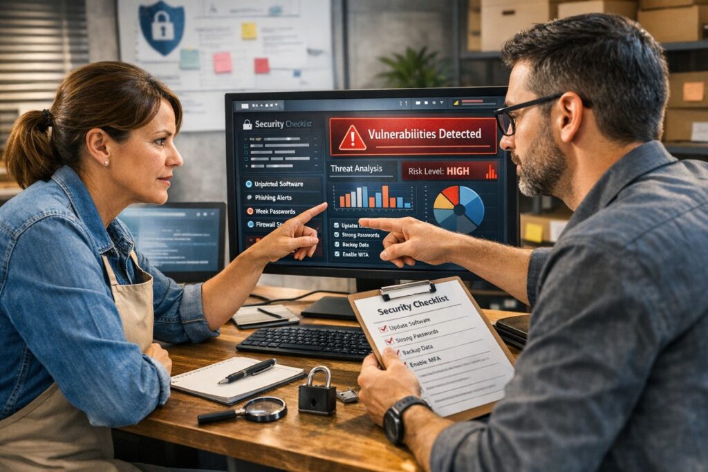 Business owner reviewing cybersecurity strategy with IT team to prevent common data breaches.