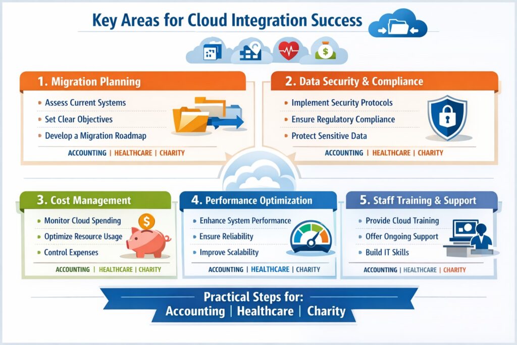 Business owner reviewing 5 key areas of cloud integration strategies on digital dashboard for secure business growth.