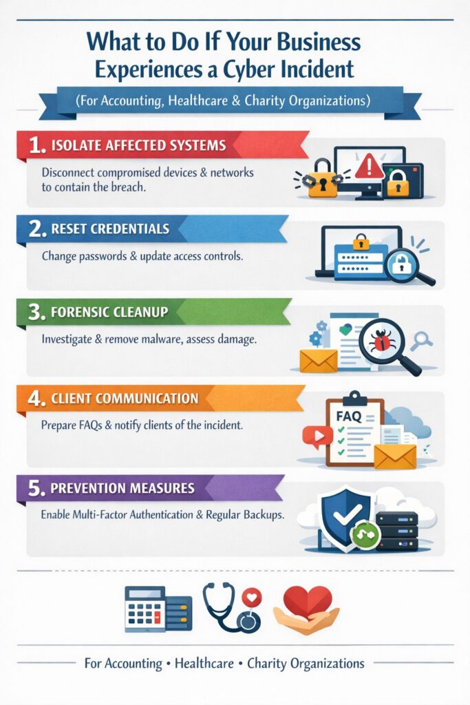 Business owner reviewing cyber hack recovery steps on laptop after data breach incident