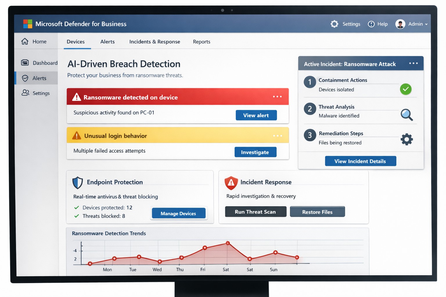 Microsoft Defender dashboard showing real-time breach detection and fast response for business cybersecurity