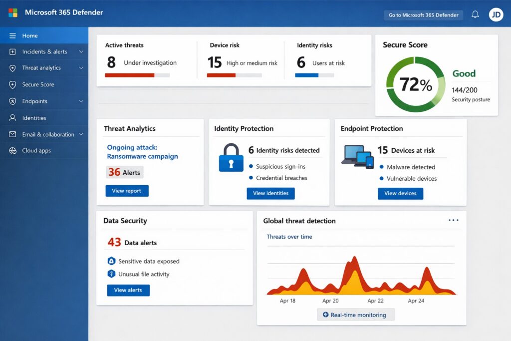 Microsoft 365 holistic security dashboard showing threat protection, Secure Score, and Defender alerts for business owners.