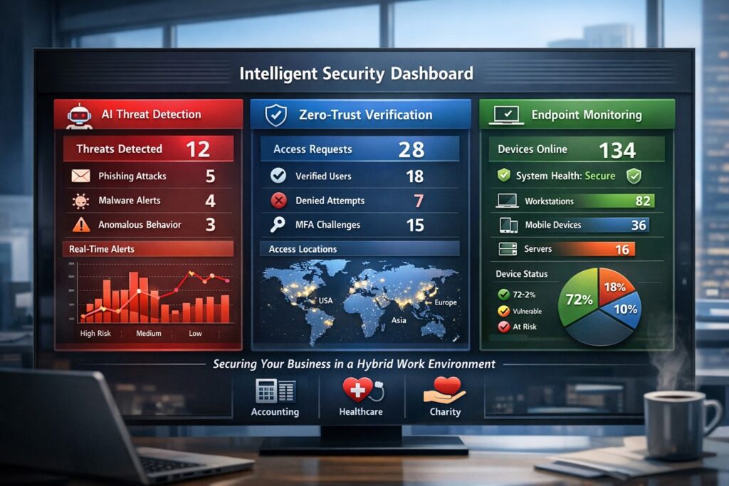 Intelligent security dashboard monitoring modern workplace threats with AI analytics and zero-trust access controls.
