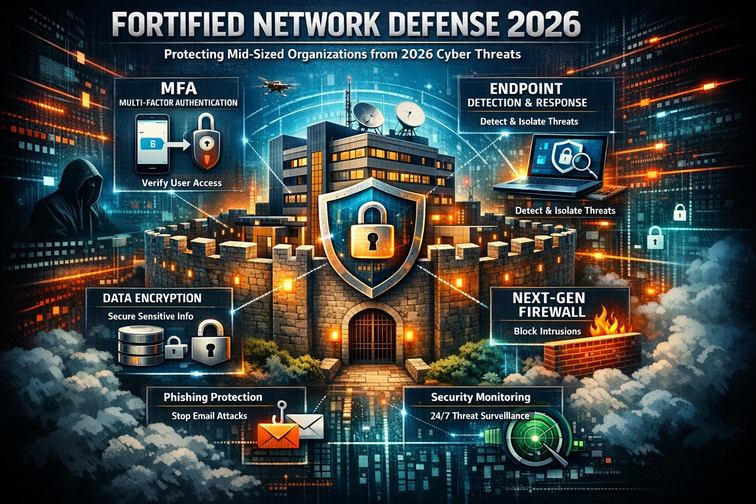 Mid-sized business owner reviewing cybersecurity dashboard for data breach protection and zero trust architecture.