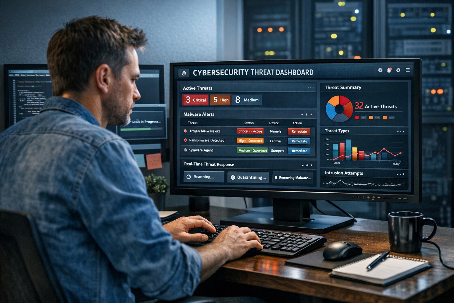 Small business owner monitoring cybersecurity dashboard with active threat detection and malware protection tools.