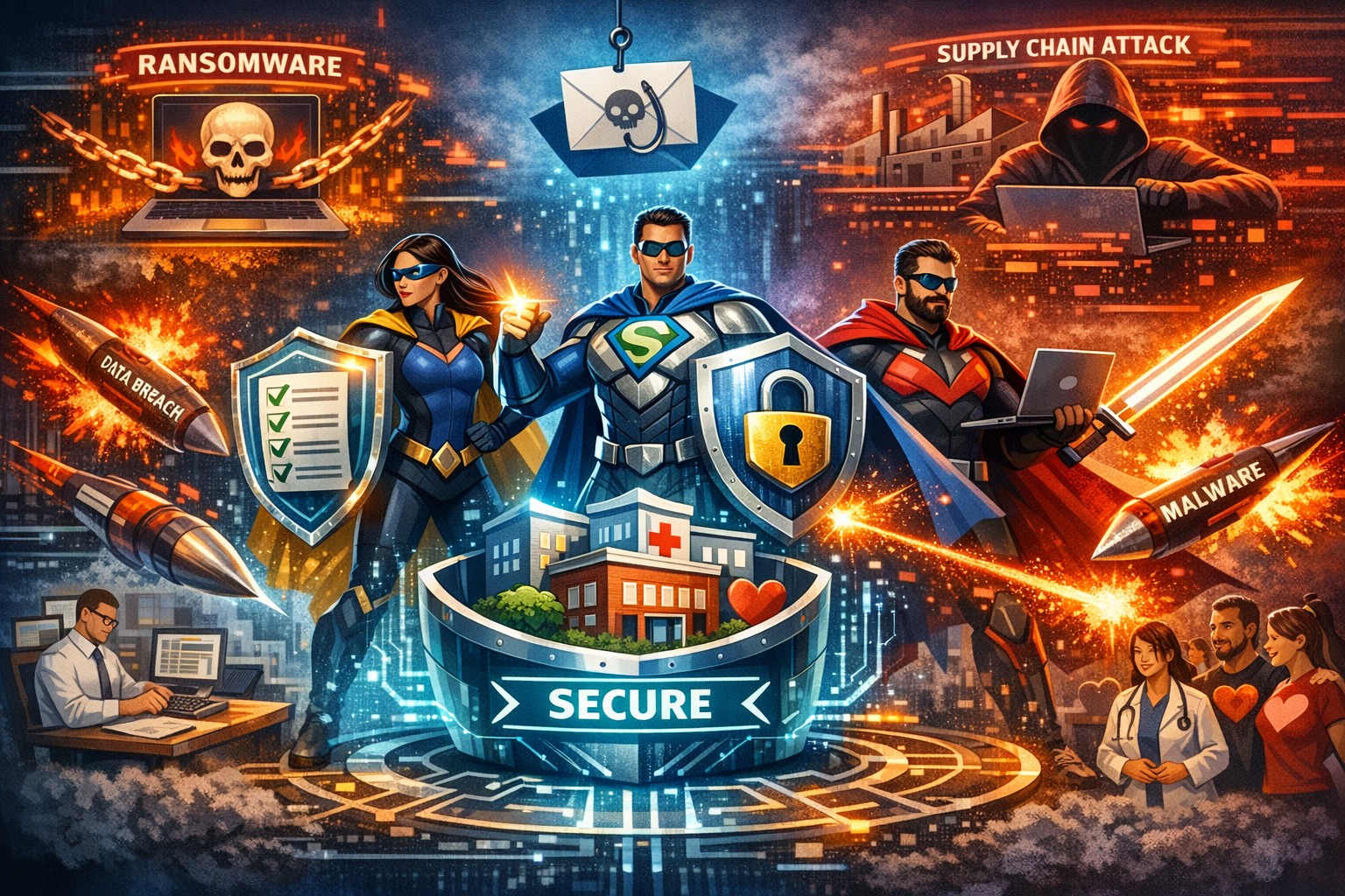 IT heroes defending small business network from cyber threats like ransomware and phishing in accounting healthcare nonprofits