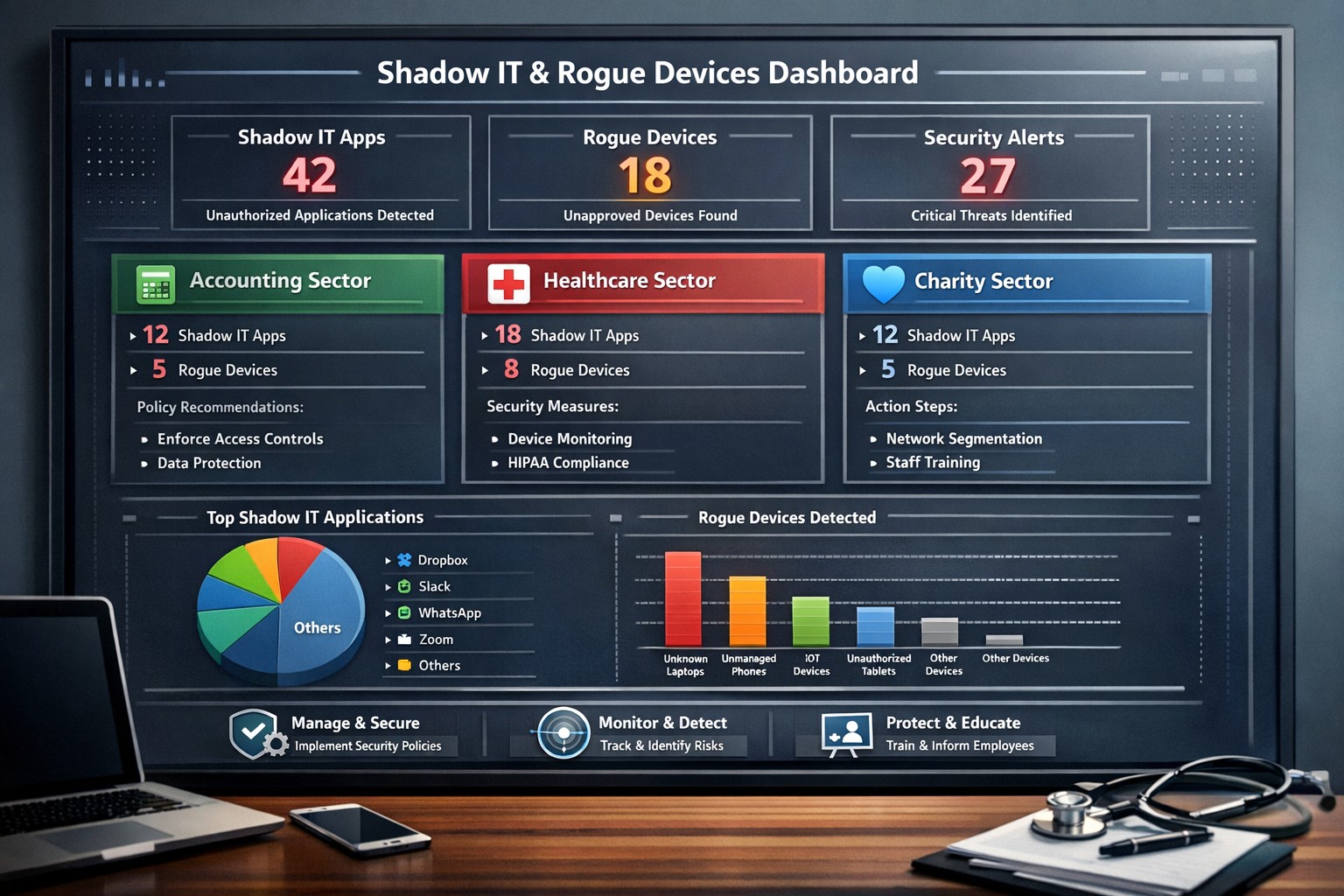 Business owner managing shadow IT and rogue devices on secure network dashboard for cybersecurity.