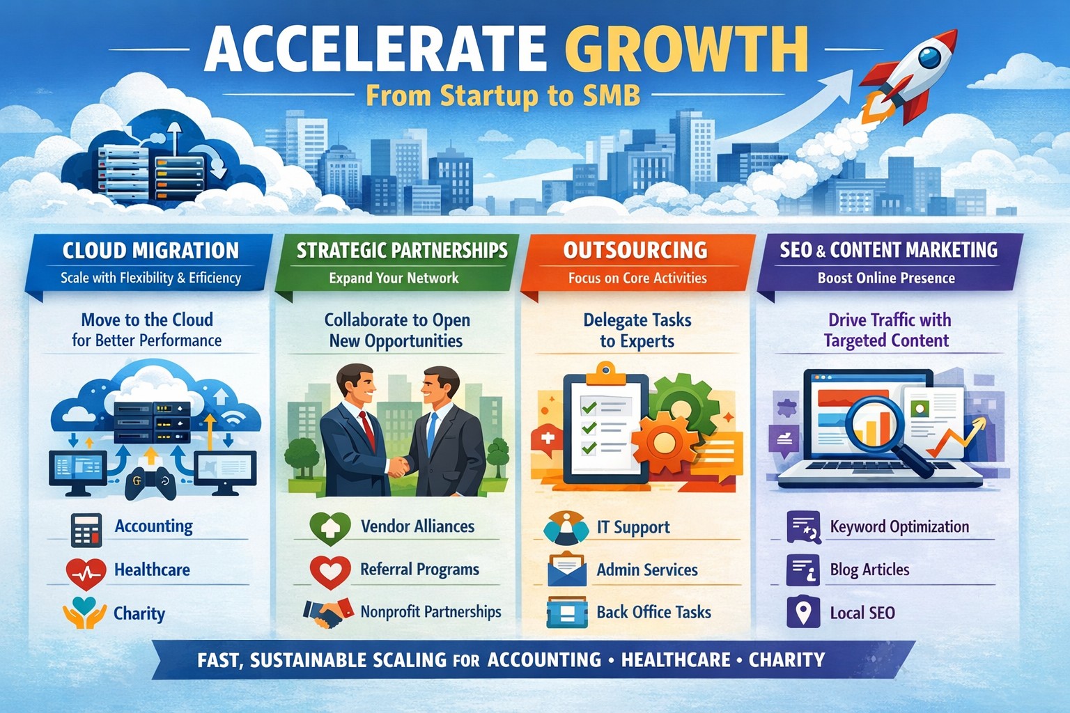 Business owner reviewing 4 proven SMB growth strategies on laptop, accelerating startup to thriving small business with IT scaling tactics.