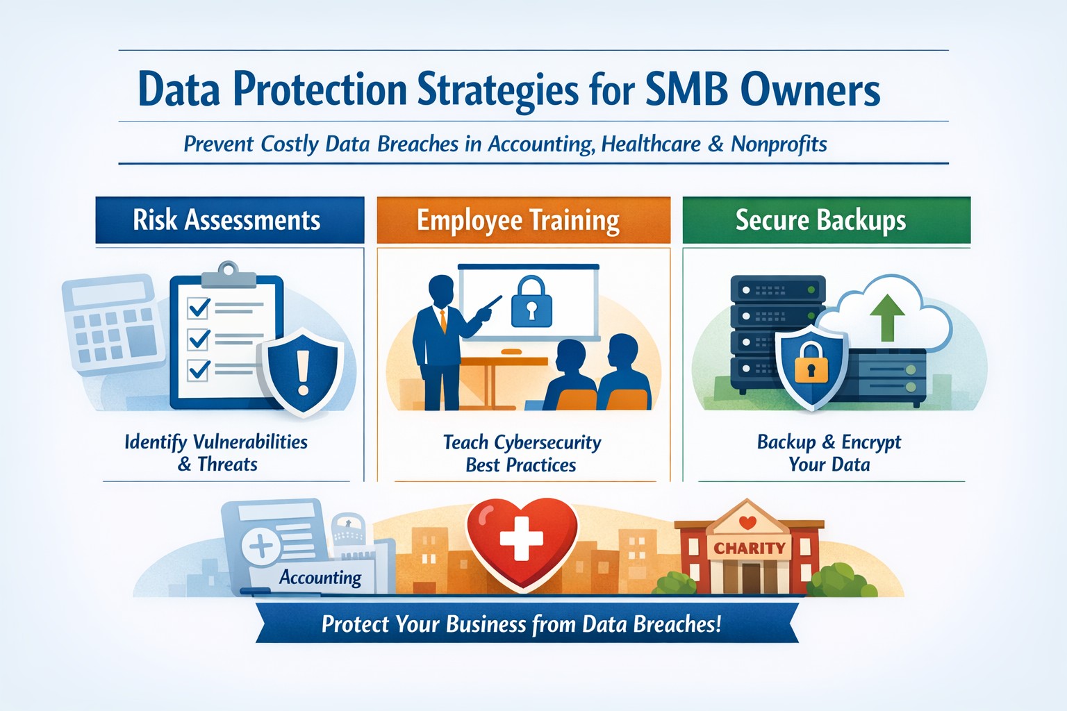 Small business owner implementing cybersecurity tips to safeguard business data from breaches and phishing attacks