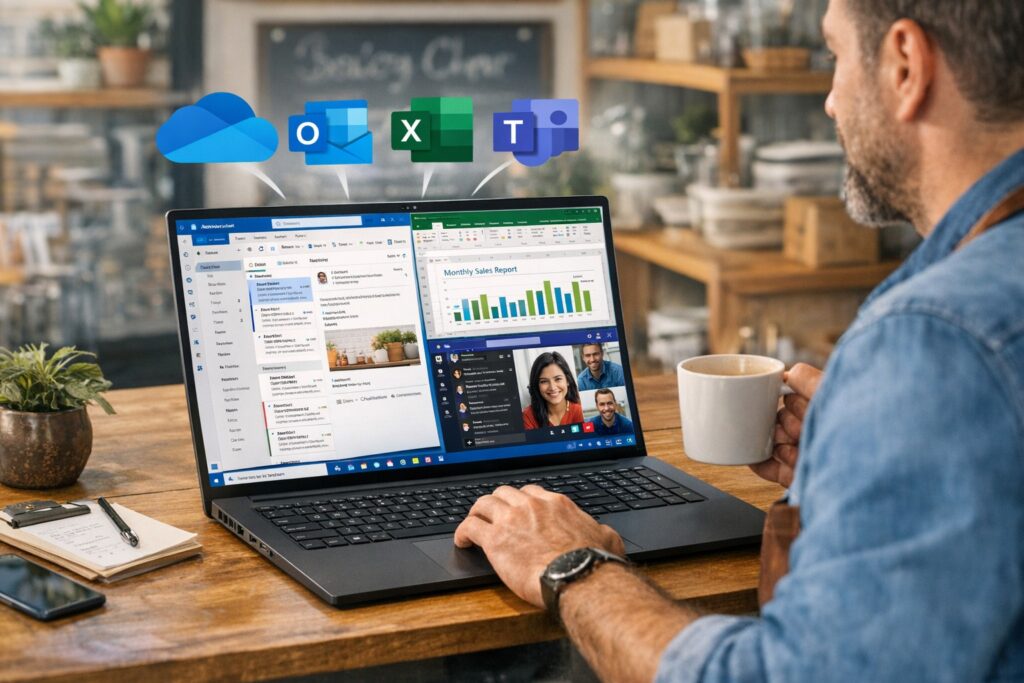 Business owner improving productivity with Windows 11 and Microsoft 365, using Outlook, Excel, and Teams on a laptop in a modern office.