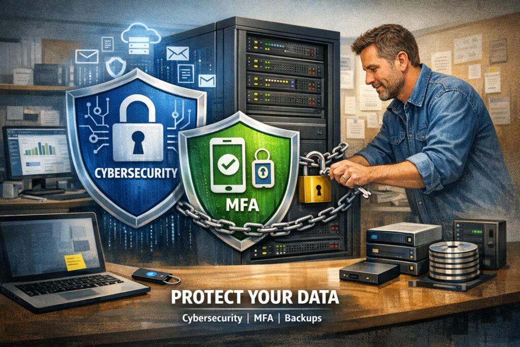 Small business owner implementing data protection for cybersecurity—securing laptops and backups against breaches.