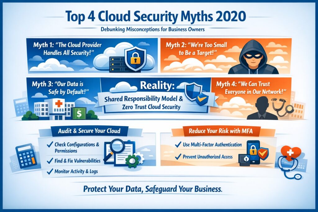 Illustration exposing top 4 myths of cloud security 2020 for business owners, shattering icons of provider security and cloud safety misconceptions.