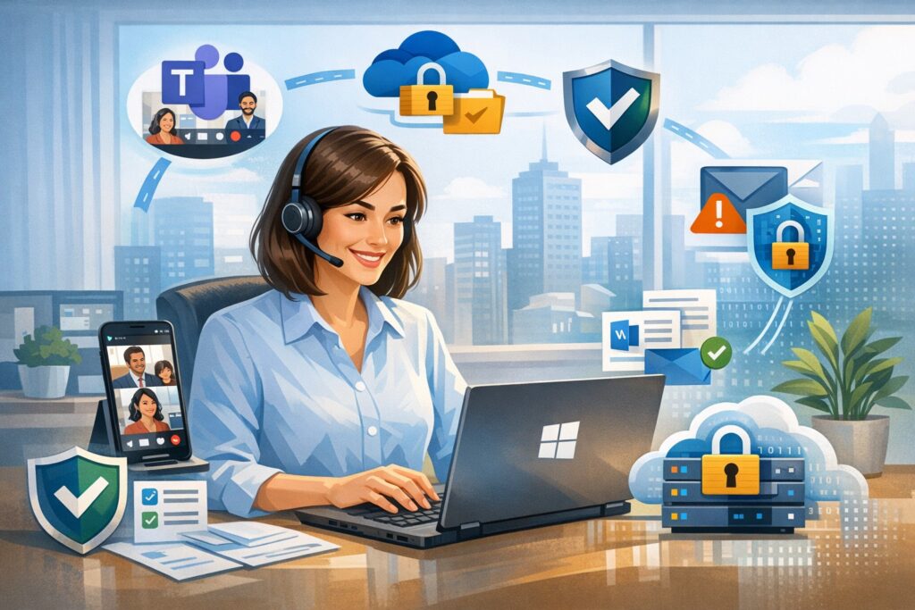 Business owner increasing productivity and security with Windows and Microsoft Office apps on laptop, Microsoft 365 dashboard showing Teams and OneDrive security features.