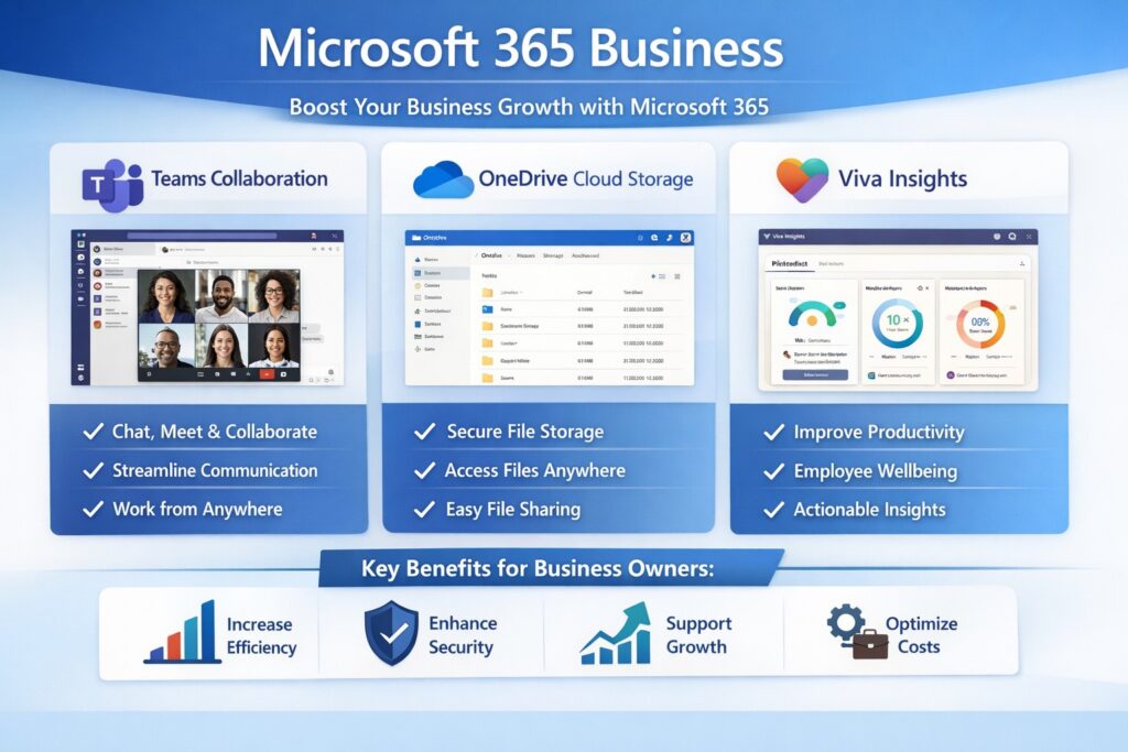 Microsoft 365 Business dashboard showing Teams, OneDrive, and growth analytics for business owners.