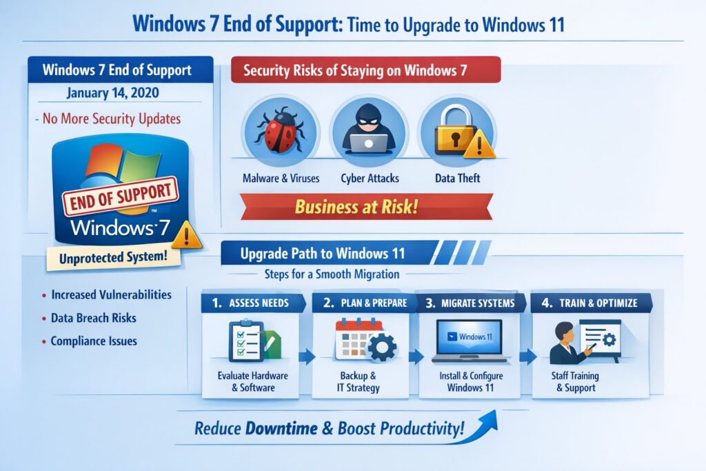 Windows 7 end of support warning for businesses - migration to Windows 11 upgrade plan infographic.