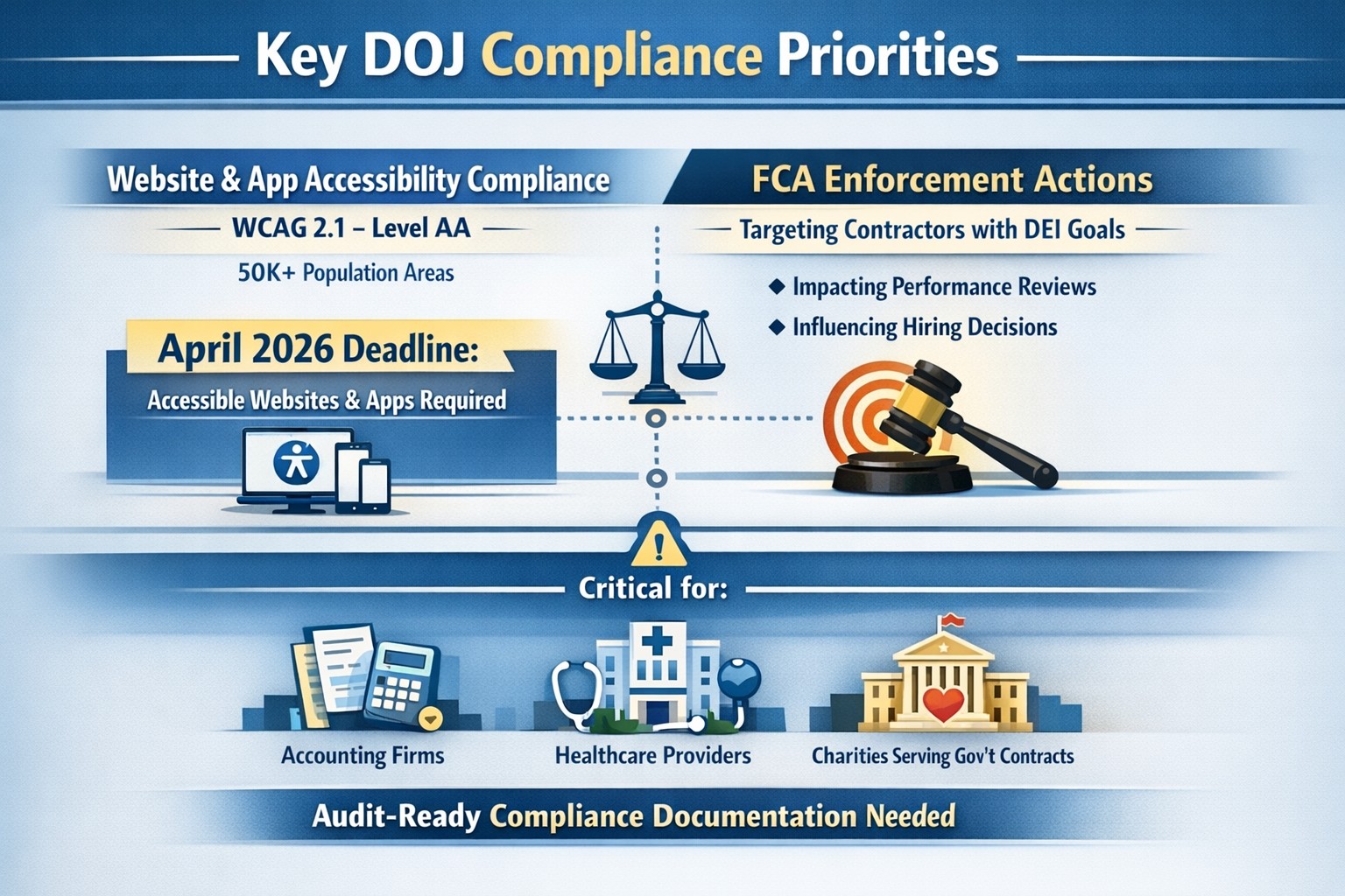 DOJ WCAG accessibility deadlines FCA DEI enforcement timeline government contractors