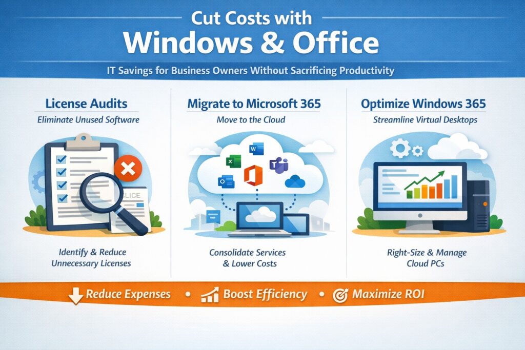 Infographic showing how to reduce costs with Windows and Office via Microsoft 365 migration and Windows 365 optimization for business owners