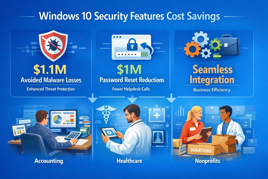 Windows 10 security features delivering cost savings and business benefits through Defender ATP, BitLocker encryption, and reduced IT costs for SMBs