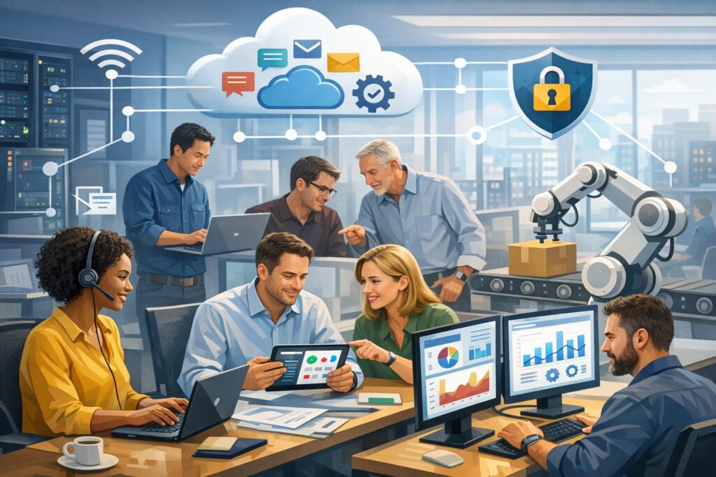 Modern team collaborating in a hybrid workplace using cloud‑based tools and secure network connections, illustrating how technology has transformed workplaces