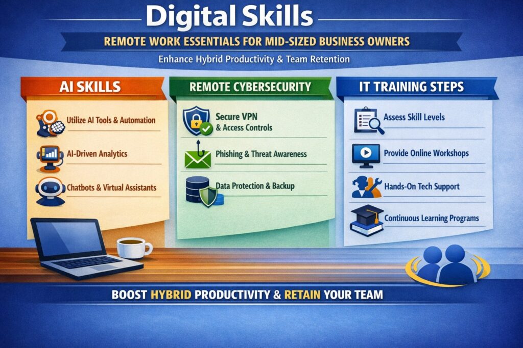 Infographic of essential digital skills for remote work in mid-sized businesses 2026 including AI productivity and cybersecurity