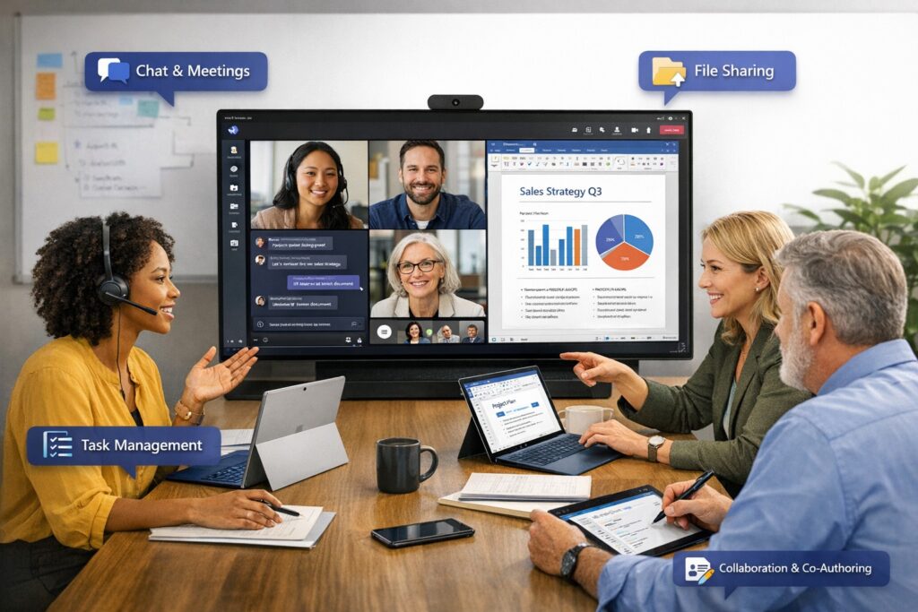 Business team using Microsoft Teams for customer collaboration on laptops, enabling real-time Microsoft 365 productivity and guest access.