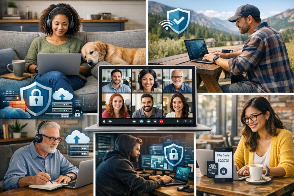 Six types of remote workers collaborating online with IT support tools for secure remote productivity.