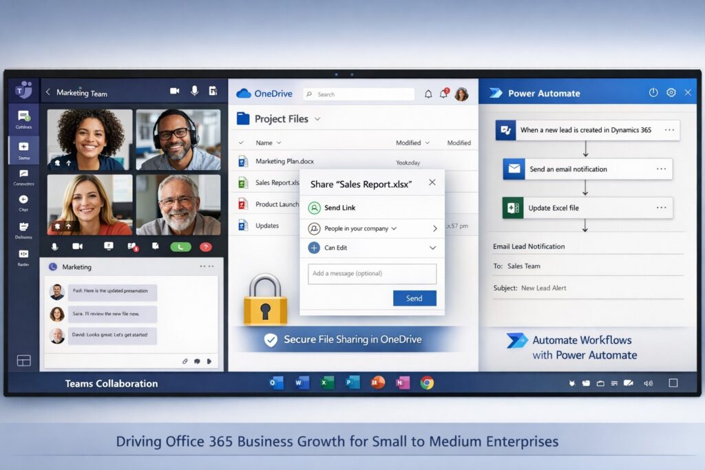 Office 365 dashboard helping small business growth with collaboration tools and cloud security features.