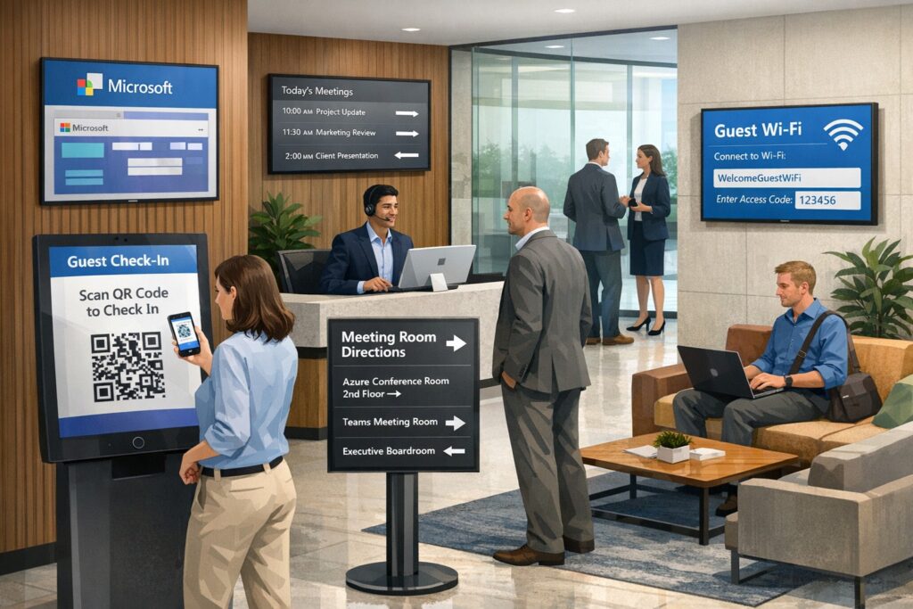 Connected guest experience with Microsoft technology: visitor checking in at kiosk with Teams room booking and secure WiFi access.