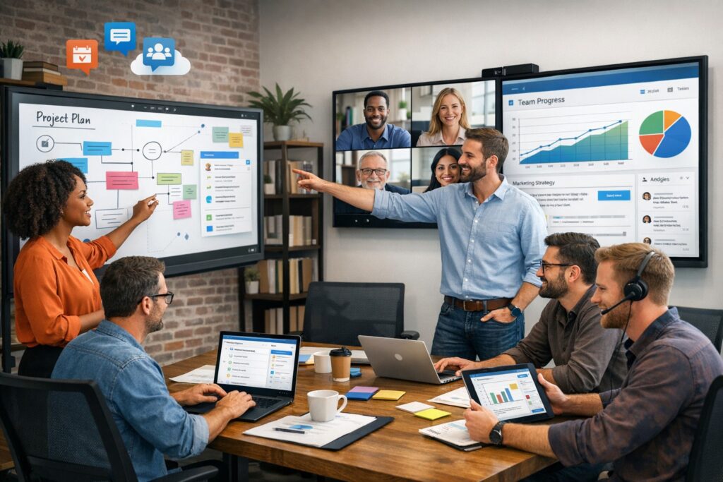 Team working together using collaboration tools in a modern office to improve workplace collaboration and productivity
