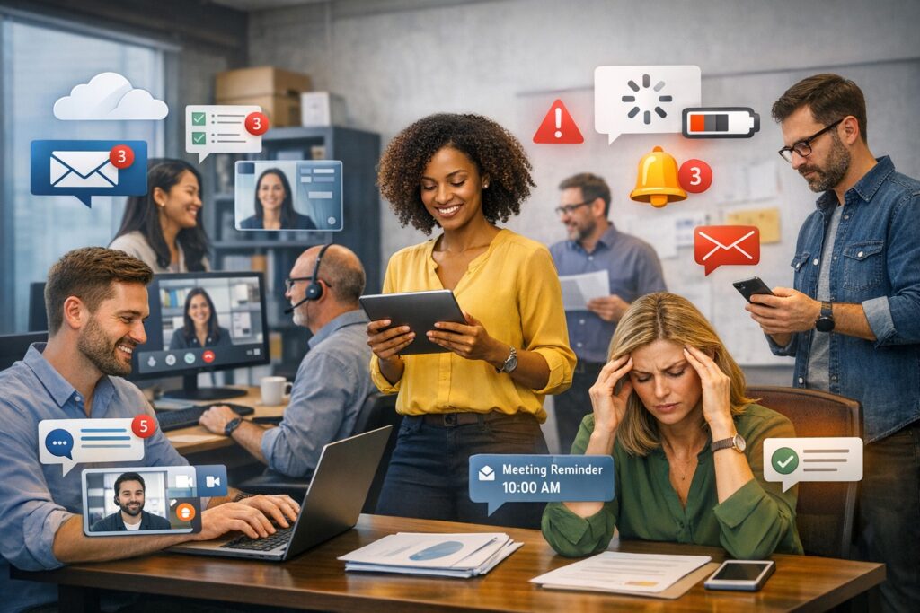 Employees using modern workplace technology to enhance collaboration and digital productivity.