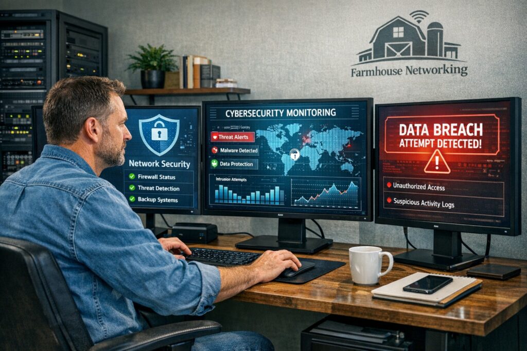 Business owner reviewing cybersecurity dashboard to protect company data and avoid security breaches.