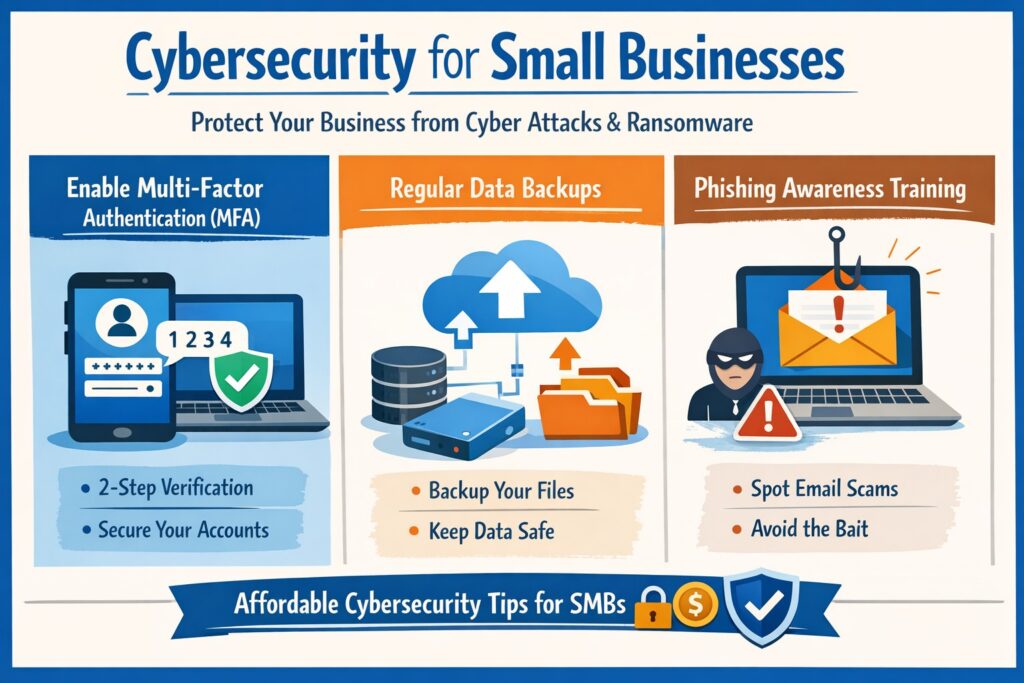 Small business cybersecurity guide: owner implementing MFA and ransomware protection for SMB data security