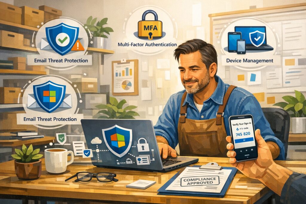 Business owner securing Microsoft 365 Business with advanced security features such as multi‑factor authentication, email protection, and device management to protect small business data.