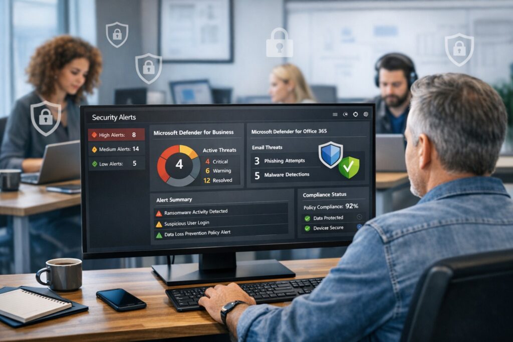 Business owner using Microsoft 365 with Microsoft Defender for Business and Defender for Office 365 to protect their company from cyber threats and ransomware.