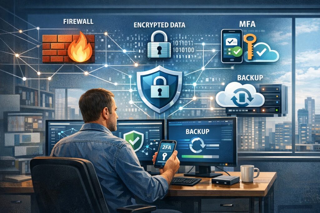 Small business owner reviewing cybersecurity dashboard showing firewalls, encryption, and multi‑factor authentication to protect their company network and customer data