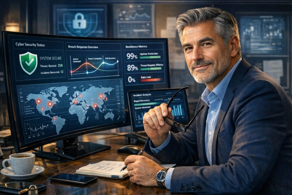 Confident business owner reviewing cybersecurity recovery strategy after data breach.